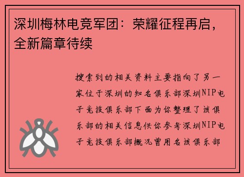 深圳梅林电竞军团：荣耀征程再启，全新篇章待续